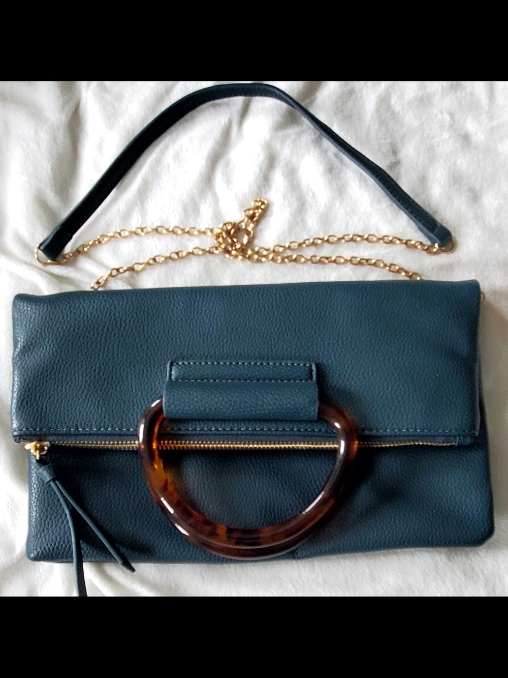 Moda Luxe Teal Fold-Over Clutch with Tortoiseshell Handle